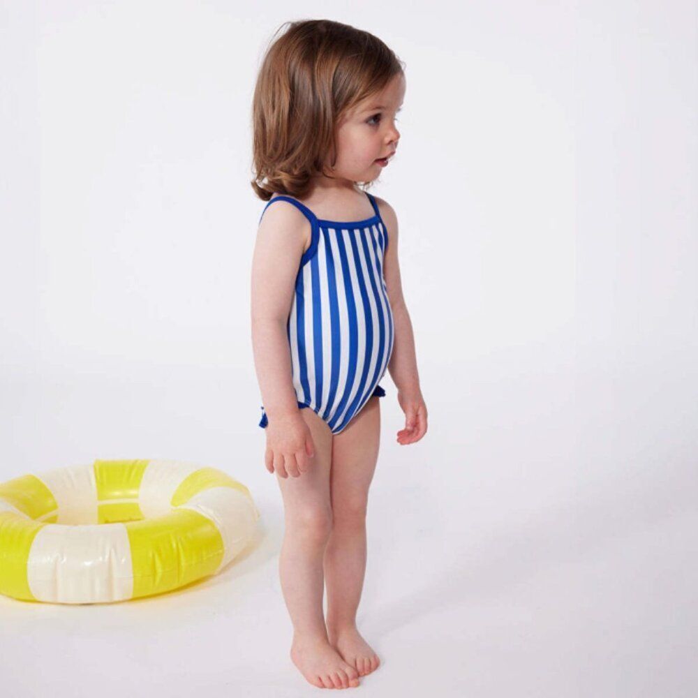 NEW! Petit Bateau Surf Blue White Stripe Ruffle Swimsuit Size 6M